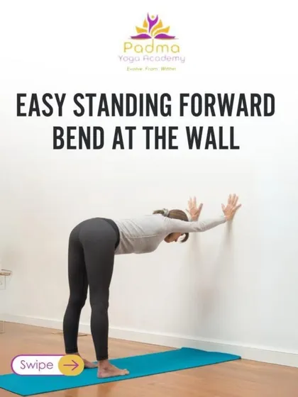 The Easy Standing Forward Bend at the wall allows you to stretch your hamstrings and spine safely, without the risk of losing balance.
