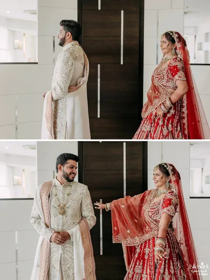 The first look. This collage captures the groom's reaction as he turns to see his bride for the first time, a moment filled with emotion and surprise.