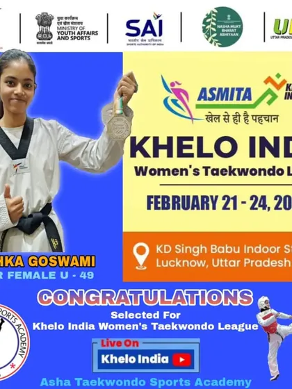 Congratulations to Anushka Goswami for being selected for the Khelo India Women's Taekwondo League. This is a huge achievement and we are incredibly proud.