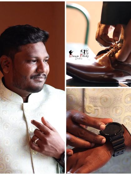 A collage focusing on the groom getting ready for his engagement. I capture the details, like him adjusting his watch and shoes, to tell the complete story of the day.
