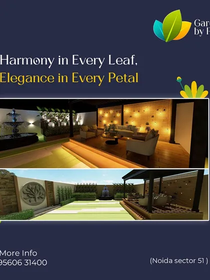 A collage of our landscape design concepts for a project in Noida Sector 51, showcasing our versatility in creating harmony and elegance through features like water fountains, statement walls, and ambient lighting.