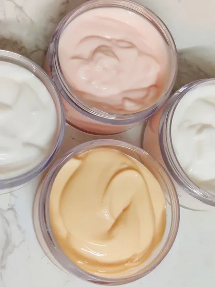 The perfect texture of my gorgeous face creams. I make them in micro-batches to ensure freshness, tweaking the formula to suit the current weather for optimal performance.