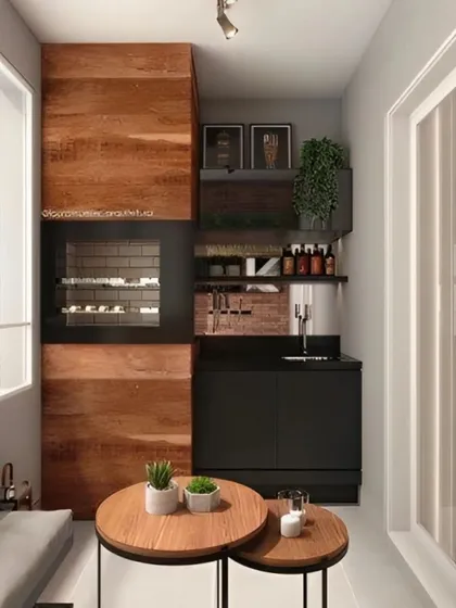 A contemporary design combining wood and matte black finishes. This unit includes an integrated grill or oven, a small sink, and open shelving, turning the balcony into a compact outdoor kitchen and bar.