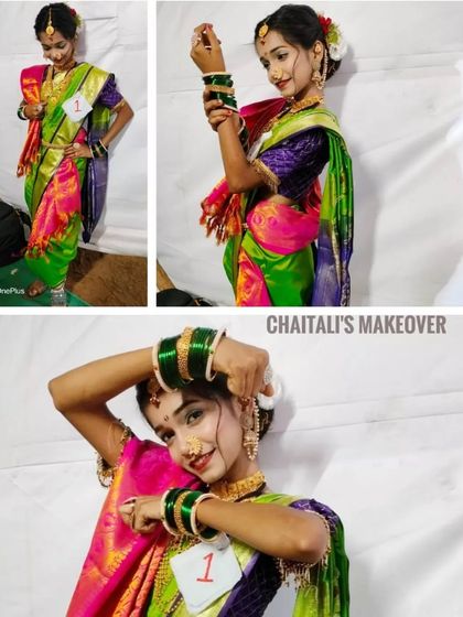 A collage showing a vibrant, multi-colored Nauvari saree I draped for a traditional look competition. This style is perfect for dance performances or grand cultural events.