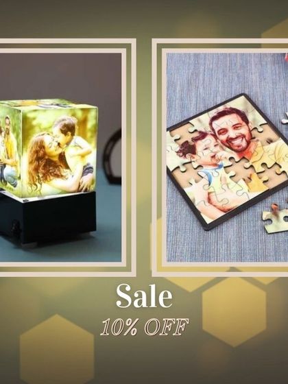 This promotional image highlights a 10% discount on two of my popular products: the personalized rotating photo lamp and the custom photo puzzle.