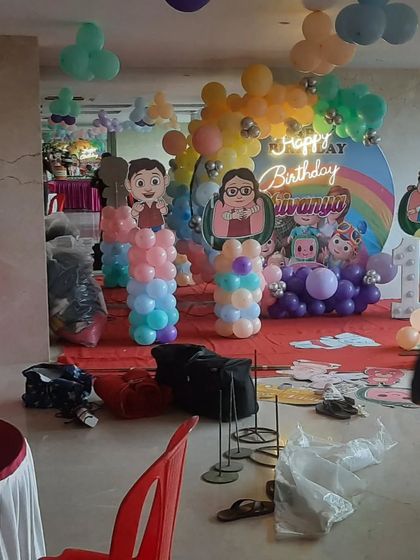 The Cocomelon birthday stage during setup. You can see the various elements coming together to create the final look.