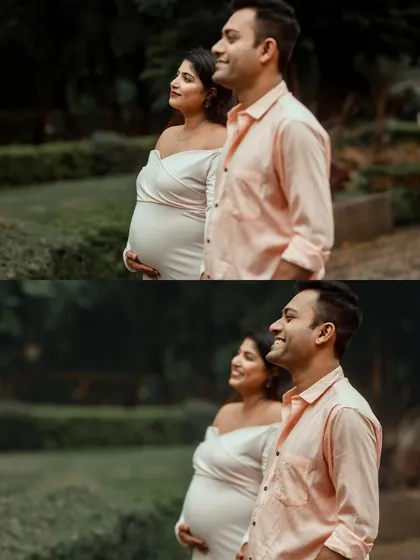 Candid moments from an outdoor maternity shoot, capturing the couple looking towards their future together.