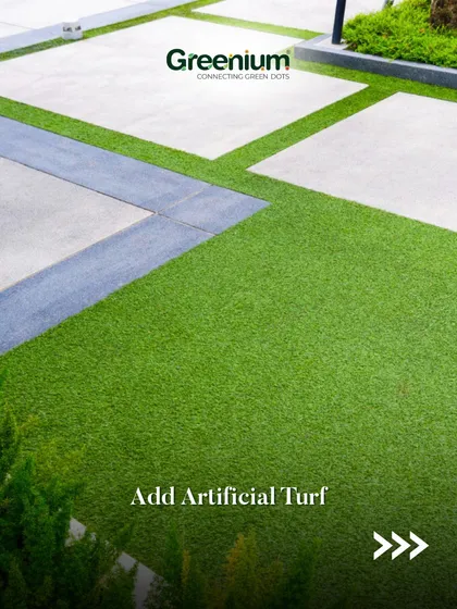Add a touch of green to your modern landscape with our artificial turf. Here, it's used to create clean, geometric lines alongside concrete pavers, boosting property value and aesthetic appeal without any maintenance.