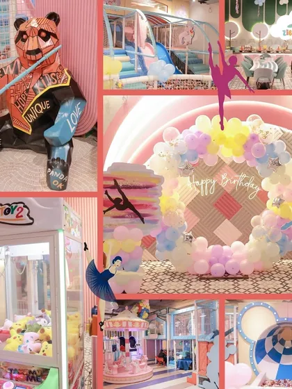 We make birthday dreams come true with magical decorations and endless fun. This collage shows how we can transform our space for a special celebration, complete with a carousel, claw machine, and festive balloon arrangements.