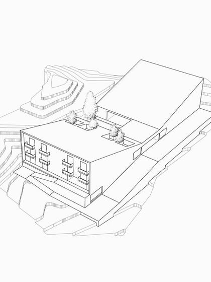 An axonometric line drawing of the community hall. This view shows the building's relationship with the terraced landscape and highlights features like the green roof and functional balconies that maximize daylight.
