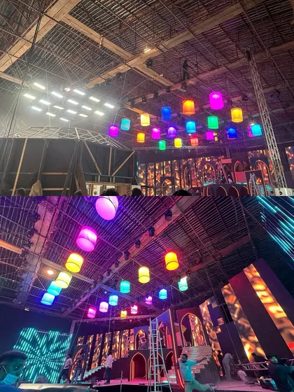 Another view of the 'Jaadu' set from 'Jewel Thief', showing the multi-colored lanterns and LED wall we provided.