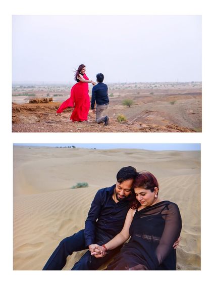 A diptych from the Jaisalmer desert. The top shows a grand proposal, and the bottom shows a quiet, intimate moment sitting on the sand dunes.
