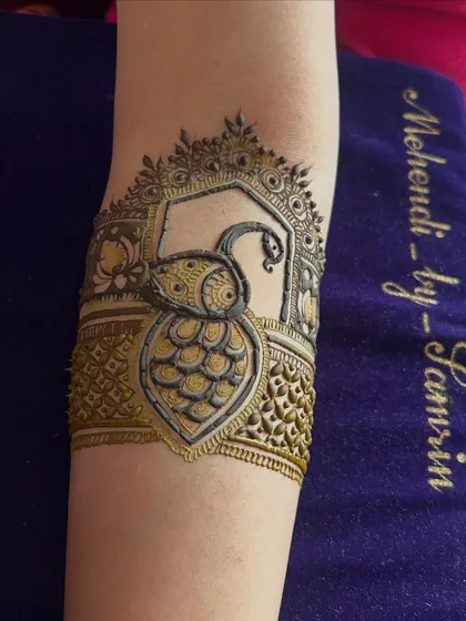 A close-up of a stunning peacock motif, a symbol of beauty and grace in Indian culture.
