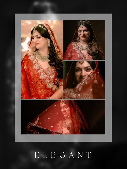 A stylish collage of Payal's bridal portraits, with a mix of poses and a dark, elegant frame that makes her red lehenga pop.