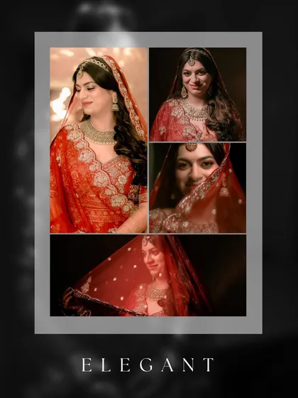 A stylish collage of Payal's bridal portraits, with a mix of poses and a dark, elegant frame that makes her red lehenga pop.