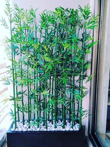 A dense arrangement of artificial bamboo in a rectangular planter. This works great as a natural-looking screen for a balcony or to divide a room.