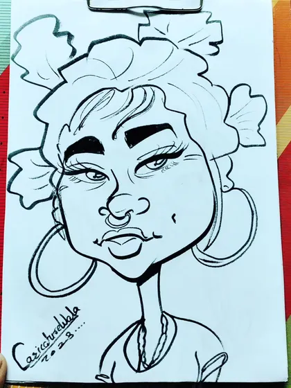 A simple and easy caricature of a woman with a unique hairstyle and large hoop earrings.