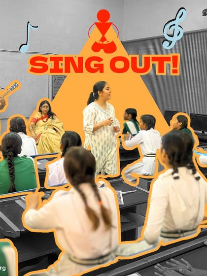 A group of girls sings with enthusiasm and joy during a workshop. We aim to create a space where every child feels comfortable enough to sing out loud and be themselves.