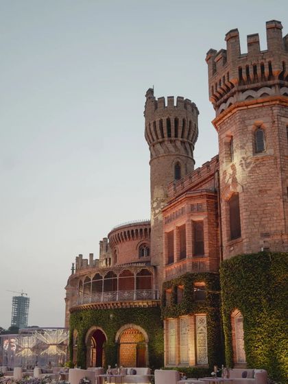 A beautiful shot of the castle at dusk, with our reception setup in the foreground.