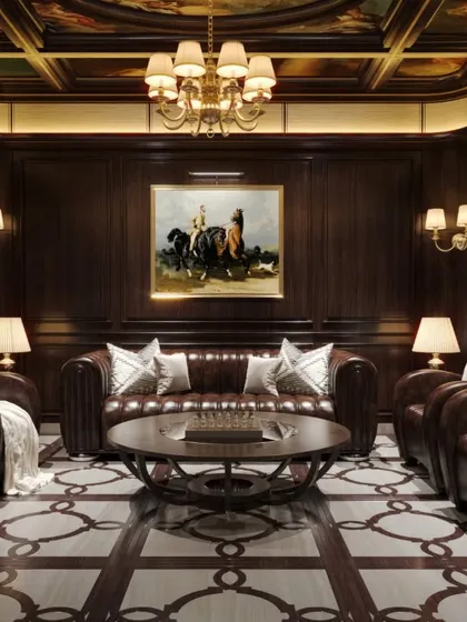 A straight-on view of the seating area in the classic lounge, showcasing the wood-paneled walls, traditional artwork, and warm ambient lighting that contribute to its sophisticated, club-like atmosphere.