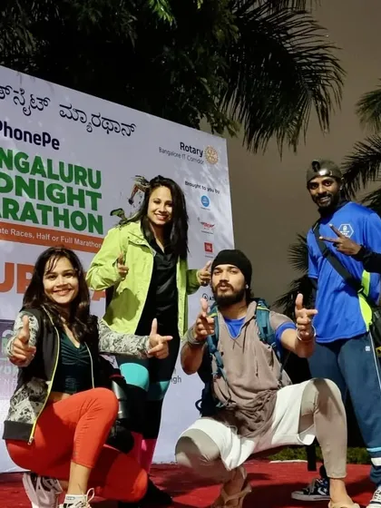 Fitness is also about celebrating together. Here we are at the Bengaluru Midnight Marathon, bringing our energy to warm up the runners. Being part of community events like this is such a joy.