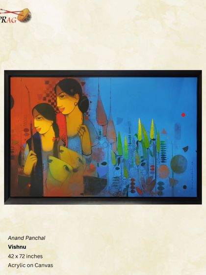 'Vishnu' by Anand Panchal, a figurative work that contrasts the innocence of children with abstract, spiritual backdrops, a signature of the artist's style.