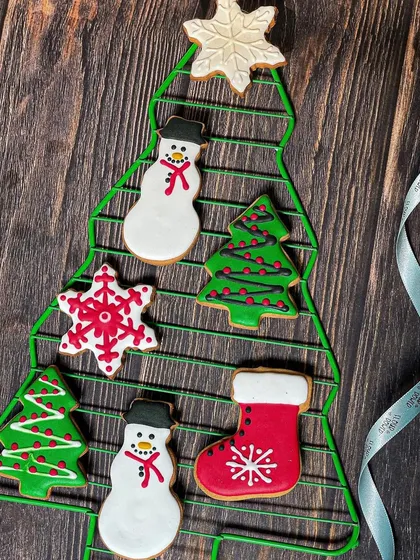 Another shot of my festive Christmas cookies, displayed on a cute Christmas tree-shaped cooling rack.