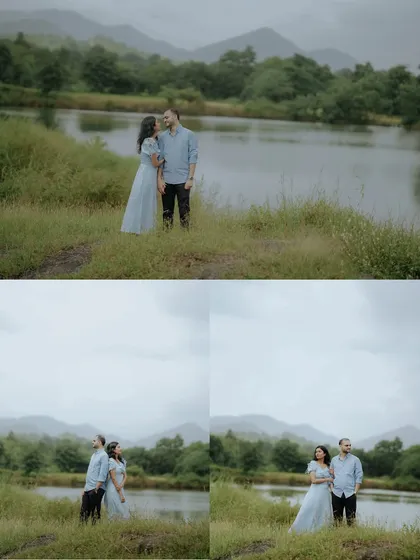 A series of portraits set against a moody, overcast sky and a calm lake. This composition captures the serene and contemplative side of their relationship.