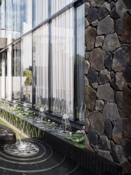 A close-up detail from a landscape project by Linex Architects, this render focuses on material realism. The image showcases the interplay of a natural stone wall, the reflective surface of the water feature, and the delicate texture of the sheer curtains inside.