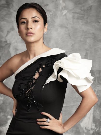 A powerful portrait of Shehnaaz Gill for the Lokmat Digital Creator Awards. We use custom backdrops and lighting to create a distinct mood for each personality we photograph.