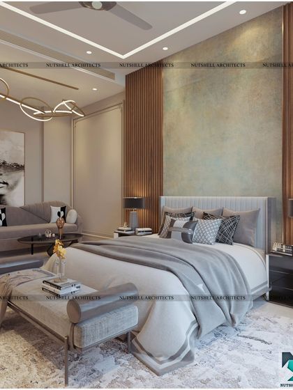 In this bedroom, a large, expressive painting of a face serves as the focal point above a comfortable sofa. The combination of modern art, sculptural lighting, and rich wood paneling gives the space a unique and artistic personality.