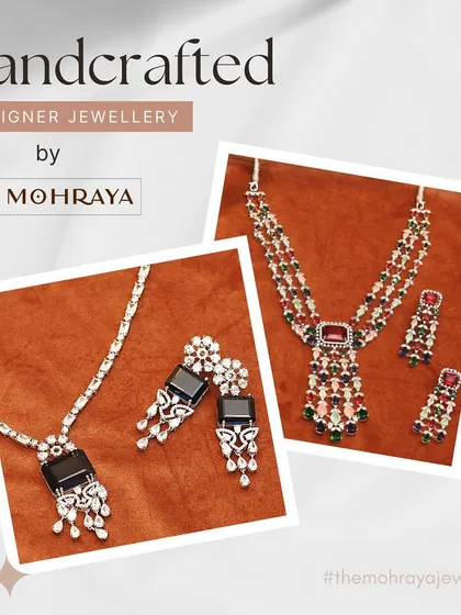 A collage showcasing our handcrafted designer jewellery, featuring a multi-colored set and a black stone set, both perfect for making a statement.