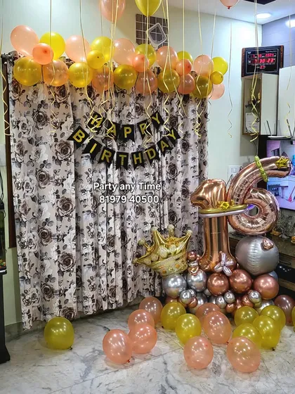 The 16th birthday bouquet as part of a larger room decoration with helium balloons.