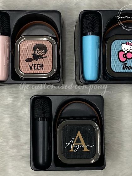 Turn up the fun with our customized karaoke Bluetooth speaker and mic set. You can personalize the speaker with your child's favorite character, like Harry Potter or Hello Kitty, and their name.