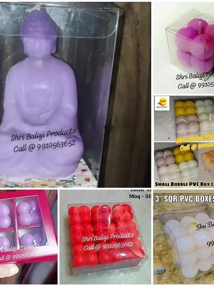 A collage showcasing the many ways my PVC boxes can be used, from packaging Buddha pillar candles to sets of bubble candles.