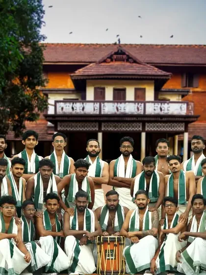 Our full squad, Mahadeva Kalasamithi. We are a large, coordinated team of dedicated percussionists, ready to bring the thunder of a traditional Melam to your event in Bangalore.