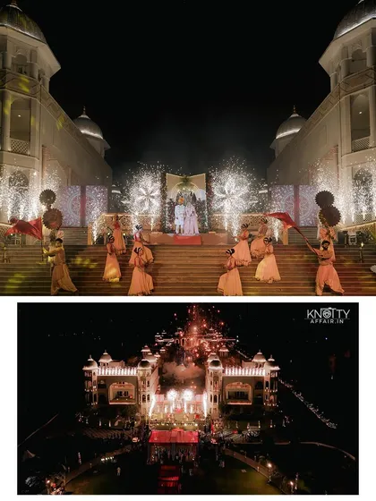The grand finale of a palace wedding in Chennai, with a spectacular fireworks display. This shot demonstrates our expertise in capturing large-scale, opulent celebrations and turning them into epic photographs.