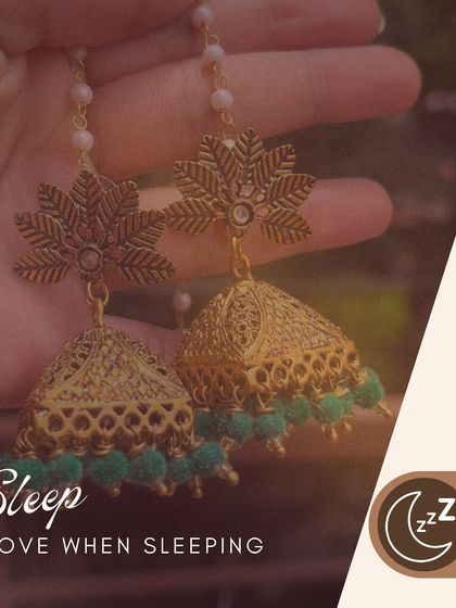 A simple but important tip: always remove your jewellery when sleeping to prevent damage. This pair of gold-tone jhumkas with green beads will thank you for it.