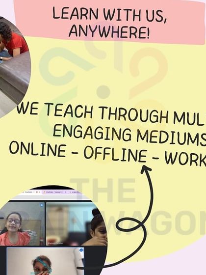 Learn with us, anywhere. This graphic showcases our multiple engaging mediums, including online classes, offline sessions, and creative workshops.