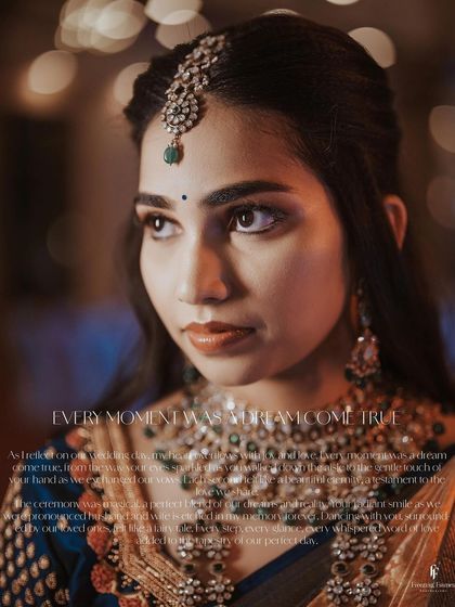 A beautiful close-up of the bride, with a quote about her wedding being a "dream come true."