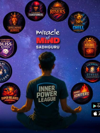 A vibrant poster showcasing the different team logos for the Inner Power League, from the "Chennai Stillness Kings" to the "Delhi Chillers." It highlights the fun and competitive spirit of the meditation challenge.