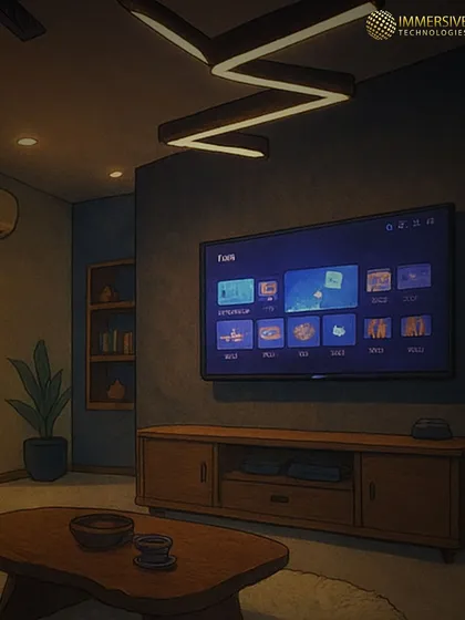 This animated concept shows how we can blend modern technology with unique aesthetics. The living room features a large screen, integrated speakers, and a distinctive geometric ceiling light, creating a media space that is both functional and artistic.