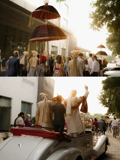 A collage of the groom's Baraat, bathed in the golden light of the setting sun, creating a magical atmosphere.