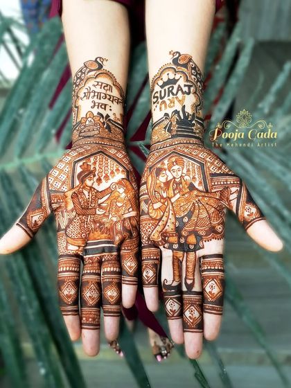 Henna is perfect for celebrating milestones. I created this special design for a client's 10th wedding anniversary, featuring portraits from her wedding day and the blessing "Sada Saubhagyavati Bhava."