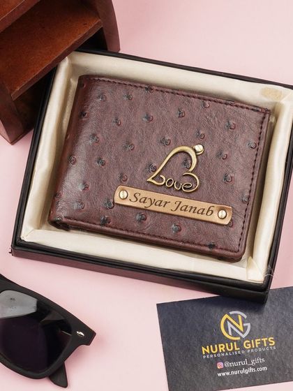 The same new dotted texture design in a rich brown color, this wallet is customized with a 'Love' charm and a special nameplate.