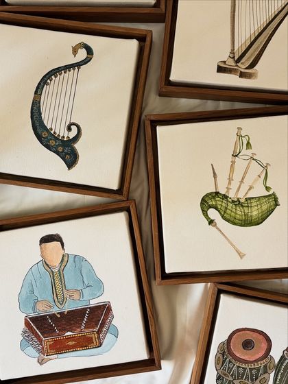 A collection of my miniature paintings from 'The Twenty-Fifth Note' series, celebrating the soul of music. The series includes detailed renderings of various instruments, from the Indian santoor and tabla to the Scottish bagpipes and the classical harp.