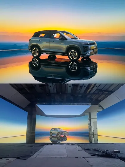 For this Hyundai Creta commercial, we utilized our advanced virtual production services. The bottom image shows our LED wall setup creating a hyper-realistic salt flat environment, while the top image is the final, seamlessly integrated shot of the car.