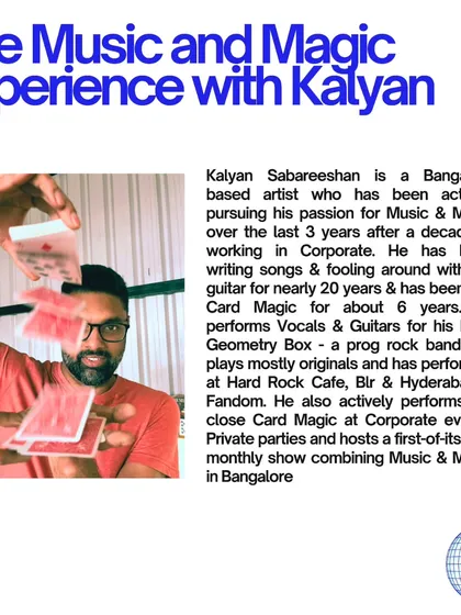 A promotional image with a short bio, explaining my journey from the corporate world to pursuing my passion for music and magic.