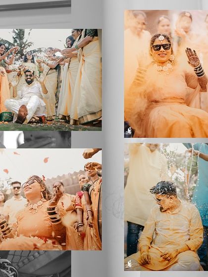 A collage filled with the energy of a Haldi celebration, showing the couple being showered with water and petals.
