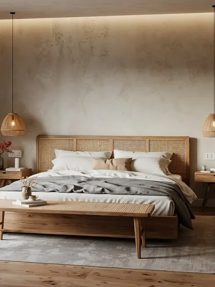 This Japandi bedroom concept is a retreat for rest and reflection, with a rattan headboard, textured walls, and an abundance of natural materials.
